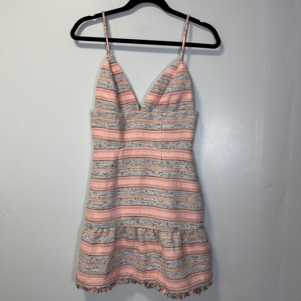 Lovers + Friends Pink Multi Striped Tweed Mini Dress XS Ruffle Fringe Revolve